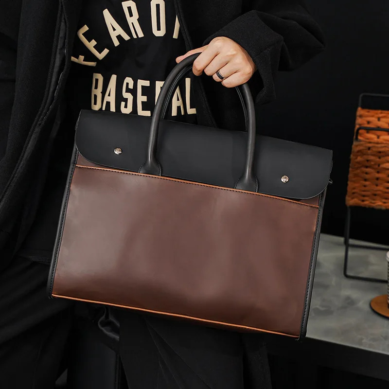Mens briefcase tote bag mens shoulder PuCrazy Horse leather Korean messenger office large capacity laptop 240906