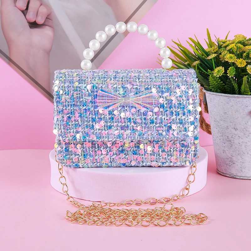 2024 New Girl Mini Wallet Cute Laser Bow Childrens Princess Cross Body Bag Childrens Day Baby Pearl Handbag W240906