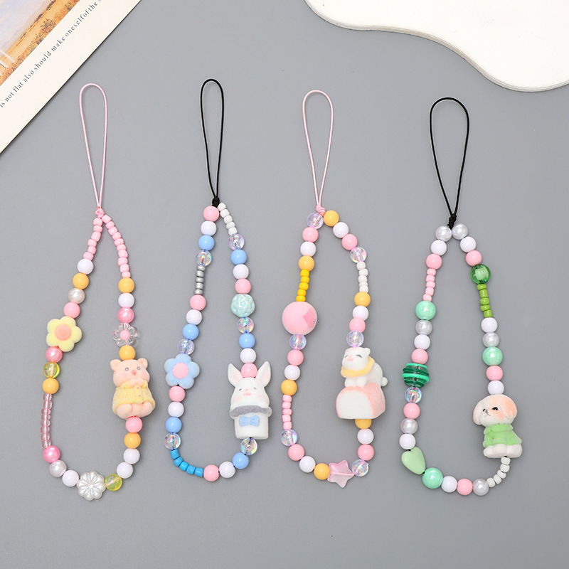 Yi Lian's New Flocking Doll Beaded Mobile Phone Chain Short Hand Case Hanging Rope Small Fresh High Grade Wrist Strap