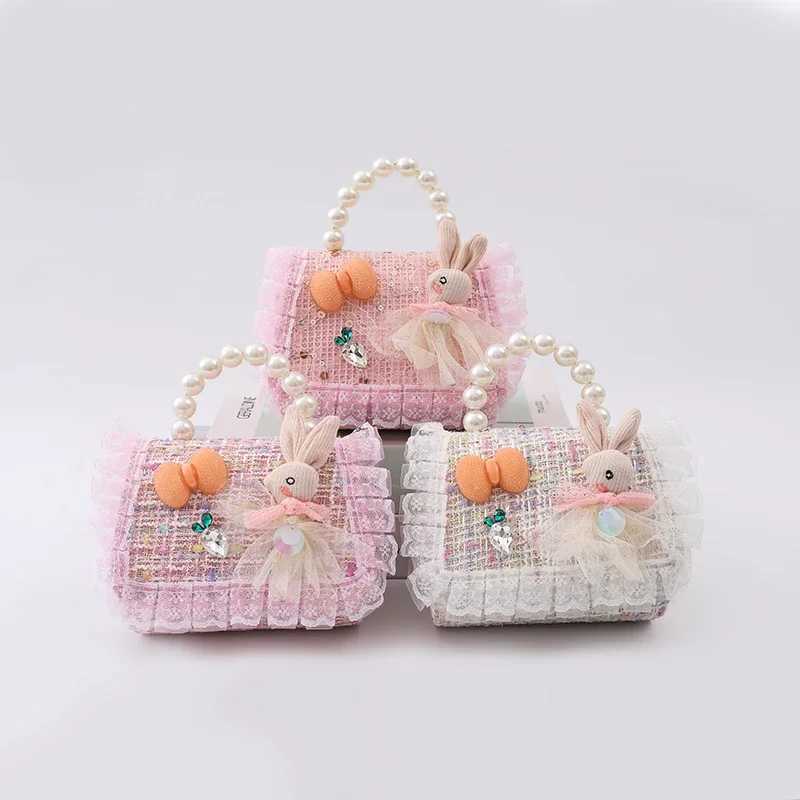 Girls childrens bag bow cartoon lace childrens bag boutique fashion pearl handbag fashion chain cross body girls bag W240906