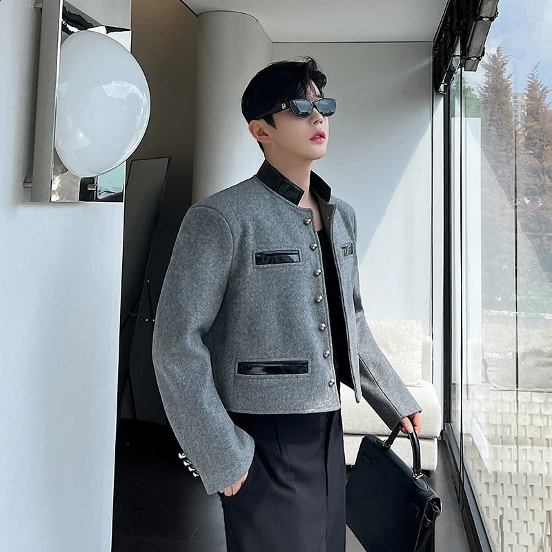 Retro mens jacket wool patch PU leather frame collar long sleeved fashionable warm casual crop 240904