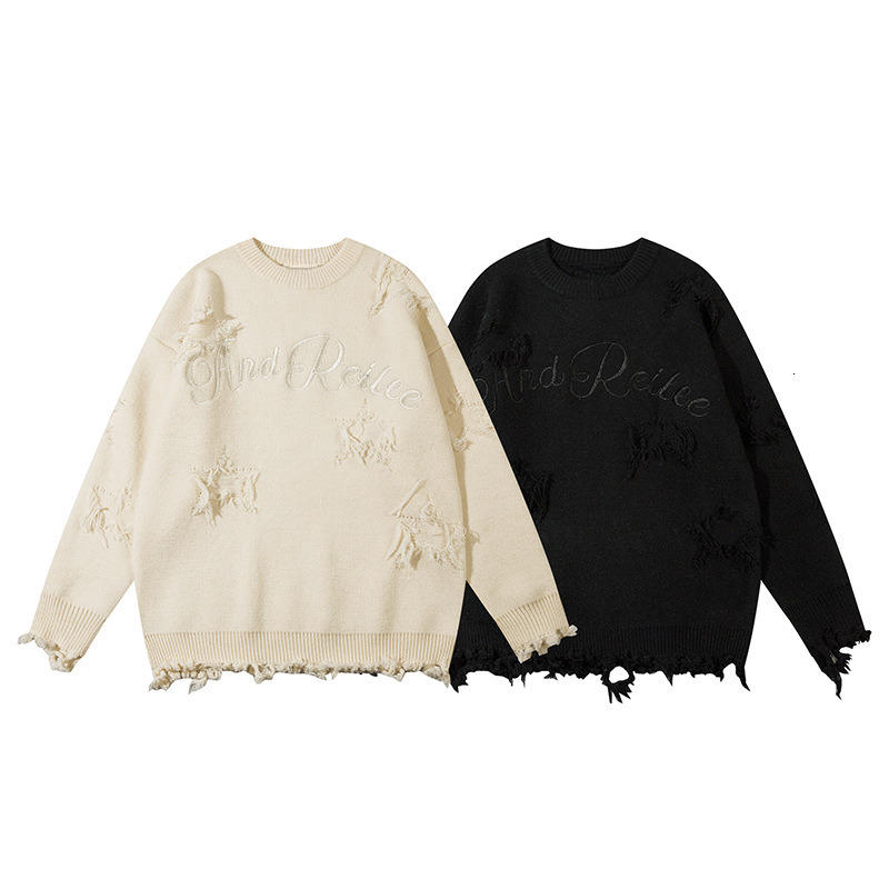 Unisex Letter Embroidered Star Distressed Fringe Hem Loose Casual Long Sleeve Knit Sweater