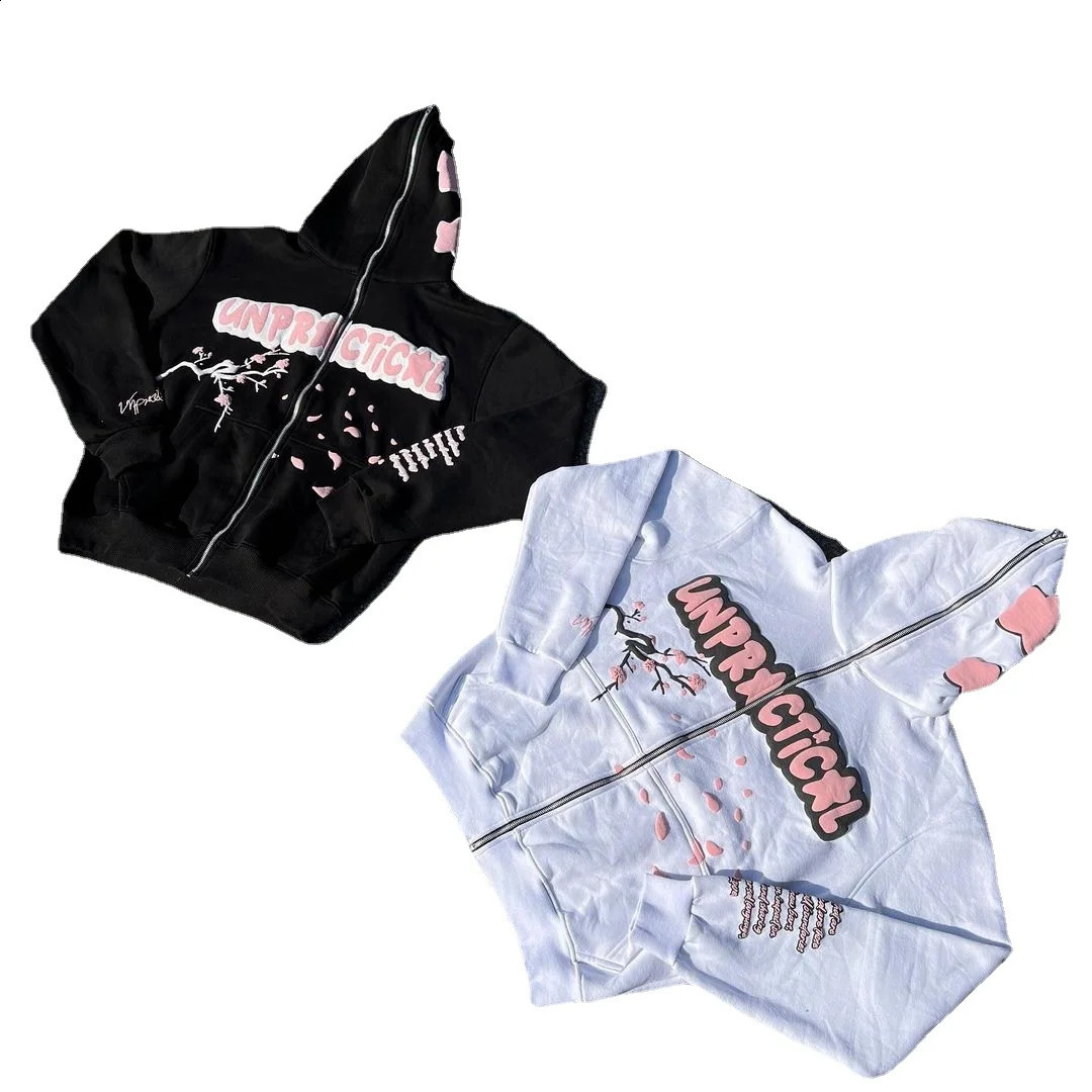 Winter romantic cherry blossom letter pattern loose zipper hoodie y2k street Japanese niche clothing casual long-sleeved jacket 240905