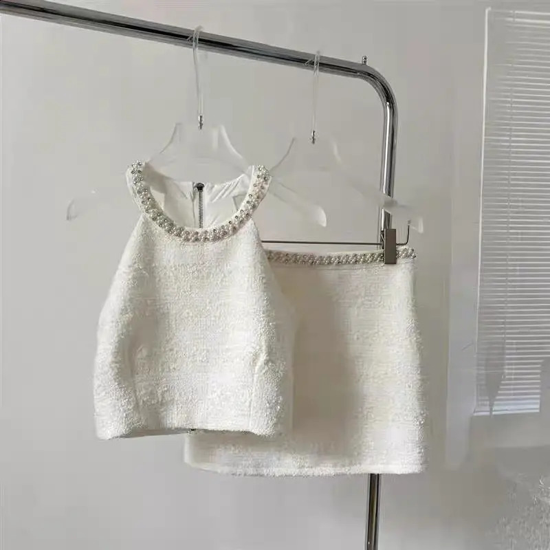 Small Fragrance Tweed Suit Summer Sexy Halter Camisole Slim A- Line Mini Skirt Beading Party Two-Piece Set J521 240906