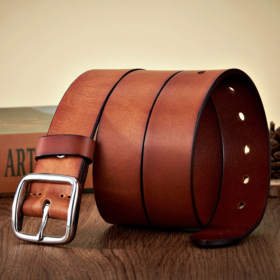 3.8CM Men Anti Allergy Stainless Steel Buckle Belt Vintage Cowskin Thick Real Genuine Leather Belt Male Cowhide Retro Jeans Belt 240906