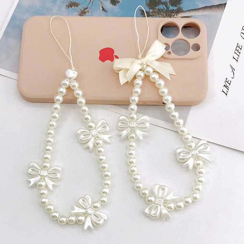 Yilian New Girl Heart Pearl Bow Hanging Rope Handmade Beaded Phone Chain Short USB Pendant for Women