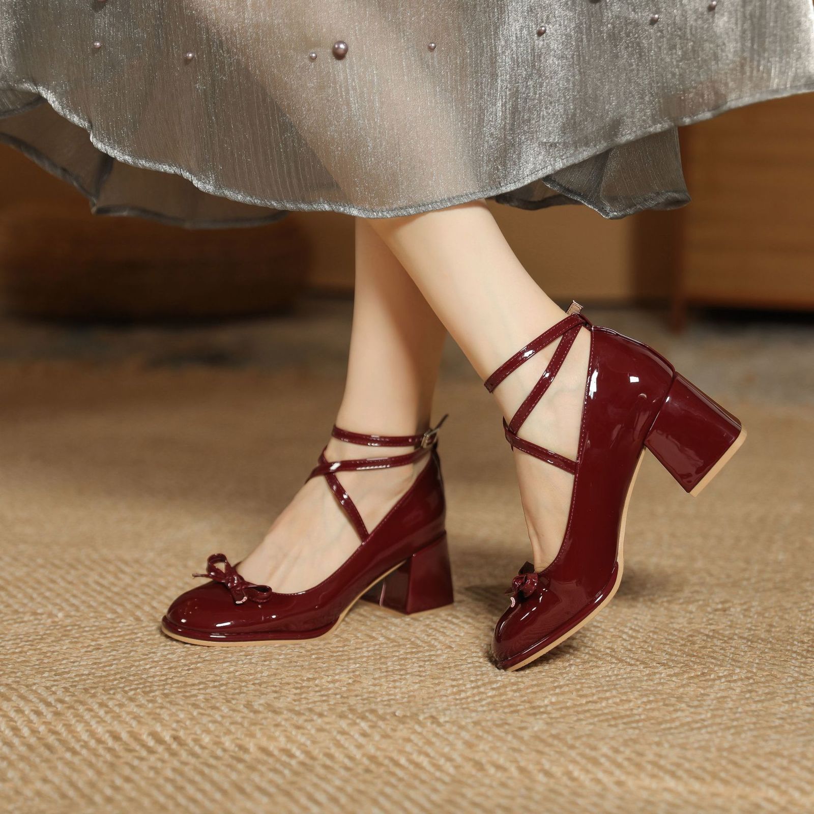 Red Mary Jane Women Pumps Thick High Heels Shoes Female Lolita Square Toe Shoes Spring Fashion Party Leather Woman Shoes 240617