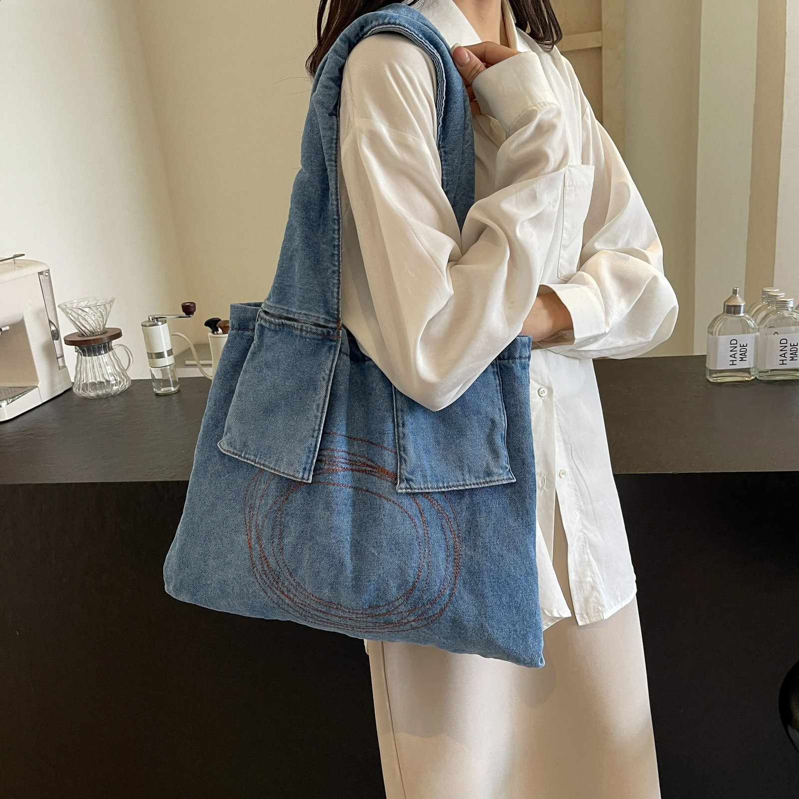 1 piece of high-capacity denim fabric summer casual single shoulder tote bag shopping bag 240903