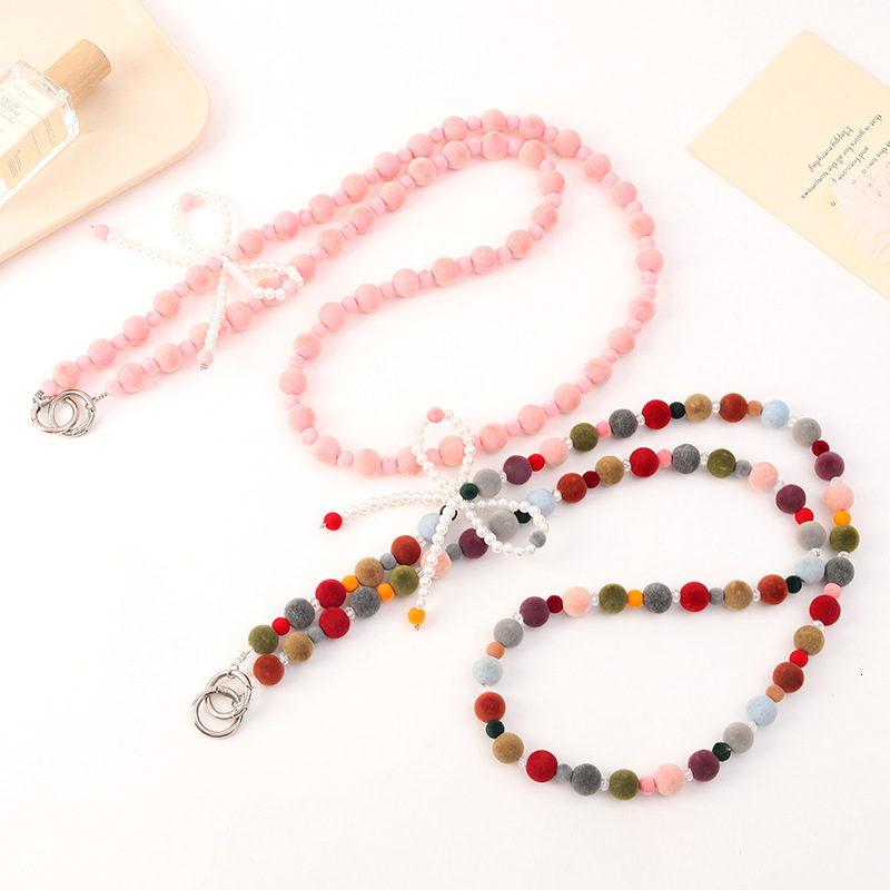 New autumn and winter plush ball bead mobile phone lanyard, pearl bow crossbody chain, backpack, keychain pendant