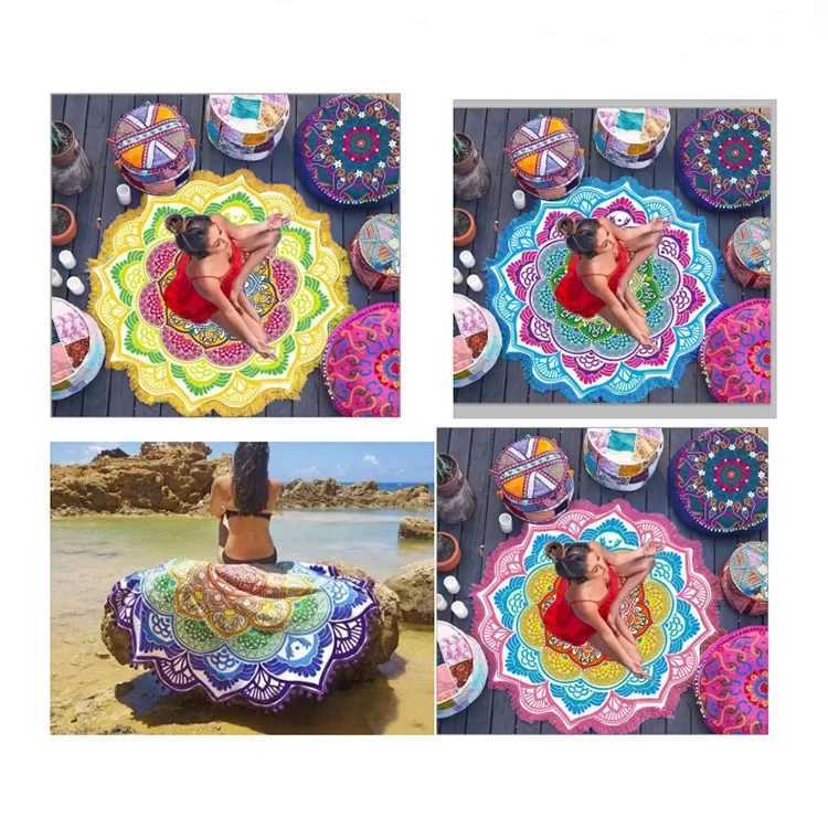 Yoga Mat Chakra Beach Towel Tassel Toalla Mandala Tapestry Sunblock Round Covering Bath Towel Lotus Bohemia 150cm W240906