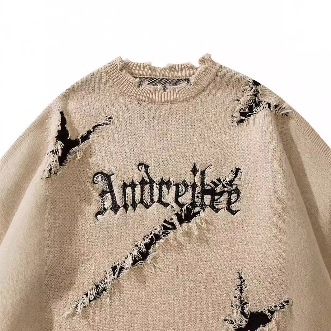 Men's Streetwear Loose Fit Sweater With Letter Embroidery, Scratches And Holes, Autumn And Winter