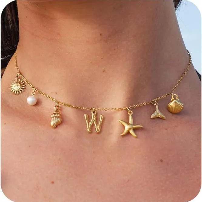 Surfer Girl Necklace Beach Jewelry Initial Necklace Girlfriend Seashell Letter Choker Womens Gift Starfish Pearl Accesorios 240906