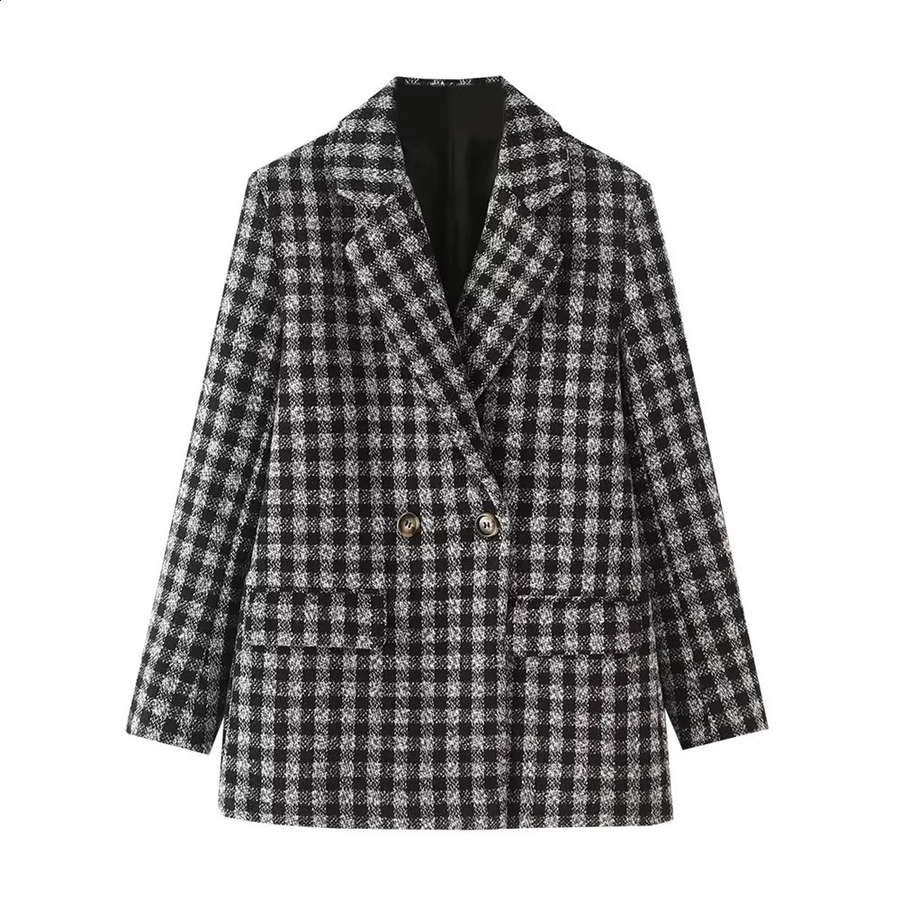 UNIZERA Autumn Product Womens Casual Versatile Double breasted Long Sleeve Look Skinny Woolen Checkered Suit Coat 240830