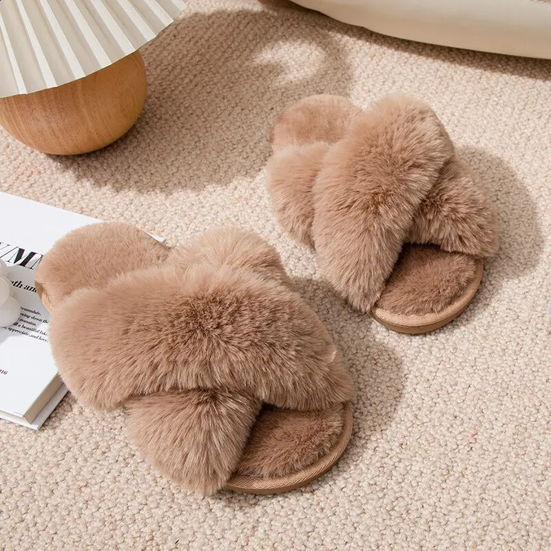 Feslishoet Women Fuzzy Slippers Cross Band Soft Plush Cozy House Shoes Furry Open Toe Indoor Outdoor Slip Warm Anti Skid Sole 240904