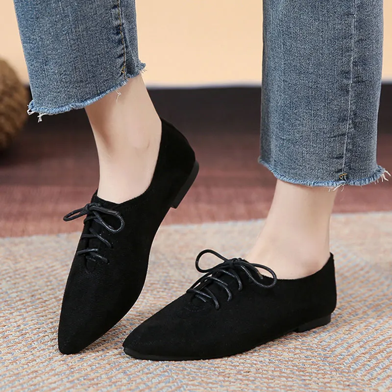 Women's Oxford Shoes Pointed Toe Lace Up Flats For Woman Faux Suede Casual Shoes Black Sneakers Brogue Shoes Plus Size 41 1096N