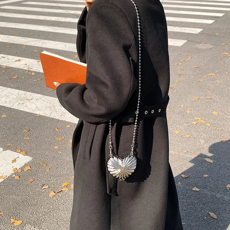 Personality Love Heart Mini Metal Lipstick Bag Shoulder Bags for Women Chain Crossbody Handbag and Purse Female Clutch 240906