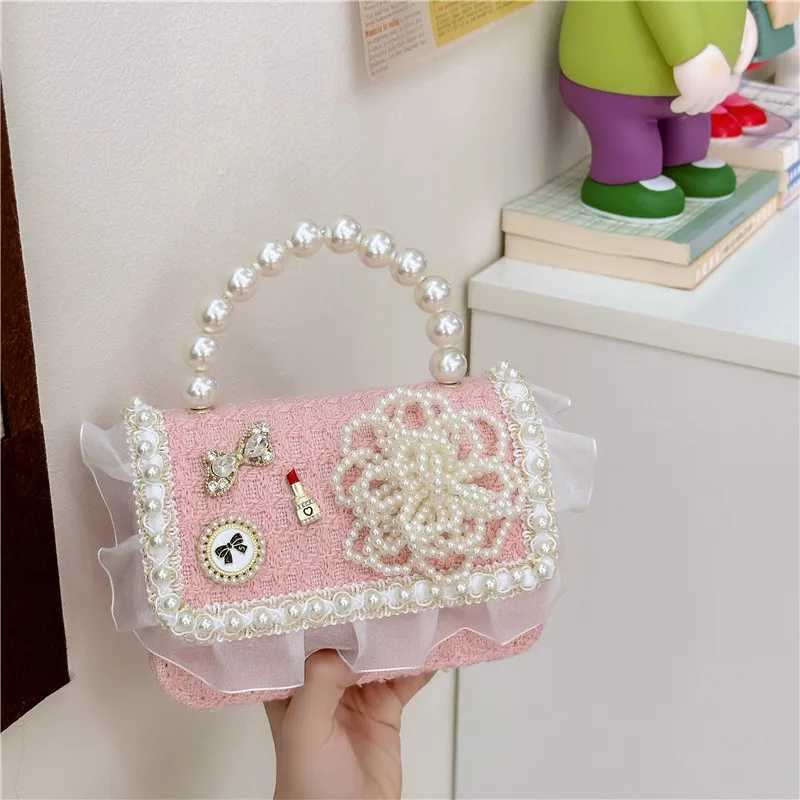 Novice Bag Mini Purse Lattice Girls Bag Wool Bag for Childrens Pink Girls Purses and Pearl Handheld Shoulder Bag W240906