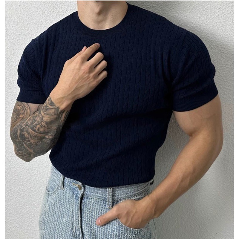 Men's Solid Color Knitted Short Sleeve Top