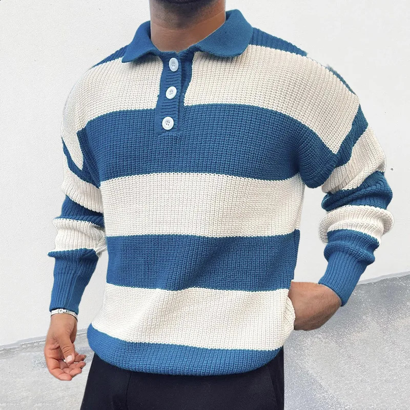 Mens Fashion Striped Button Polo Collar Long Sleeve Pullover Knitted Sweater Mens Casual Slim Fit Sweater Top 240906