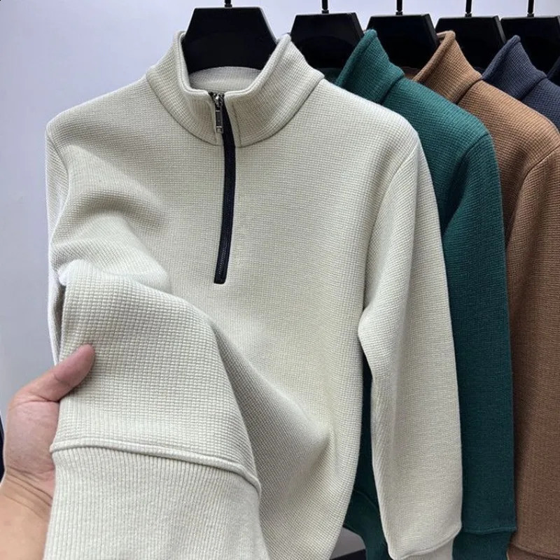 Men Clothing Mens Sweatshirt Stand Neck Half Zip Thicker Waffle Cotton Highquality Hoodie Autumn Winter Basic Tops Pullover 24