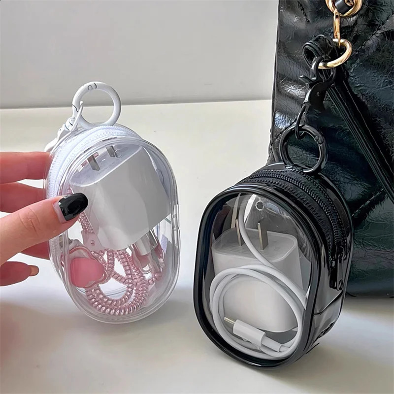 PT019,round black PVC transparent makeup jewelry organizer portable data cable headphones coin charger storage bag 240907