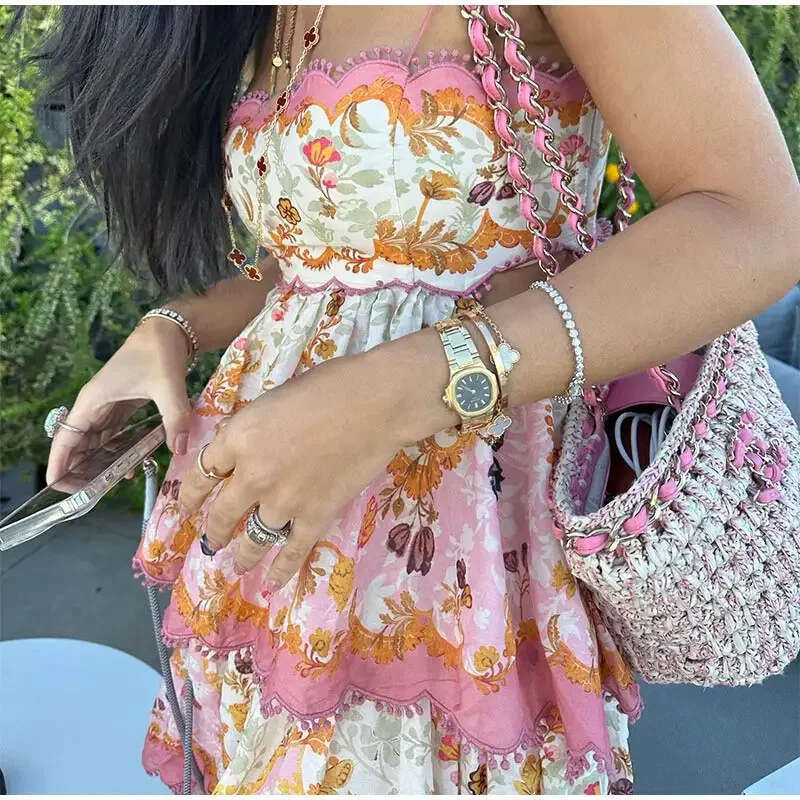 2024 Women's Dress Personalized Street Ruffle Printed Cake Sleeveless Backless Strap Skirt 8