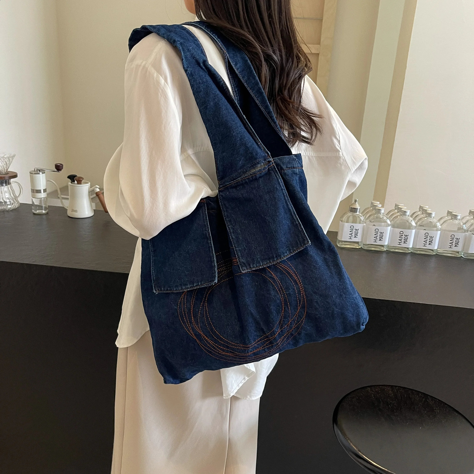 1 piece of high-capacity denim fabric summer casual single shoulder tote bag shopping bag 240903