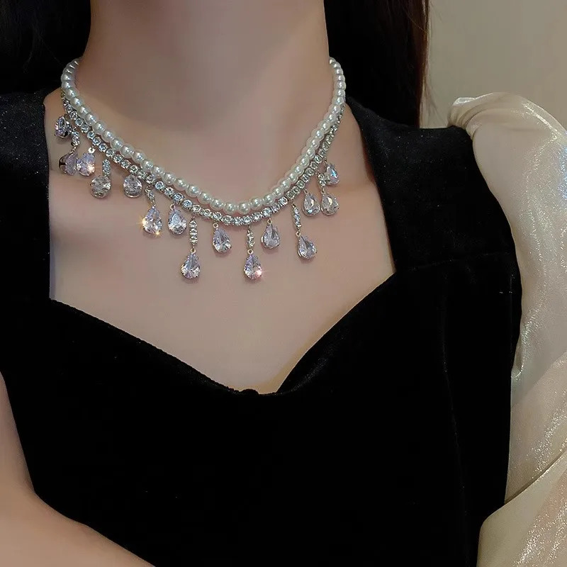 Multi layer simulated pearl chain necklace used for parties weddings women luxurious charm simulated crystal zircon necklace 240906