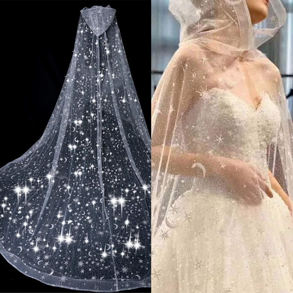 Glittery Hooded Wedding Cape Wrap Jacket Star and Moon Tulle Women Bridal Cloak Long Veil Bride Accessories Custom Made Church