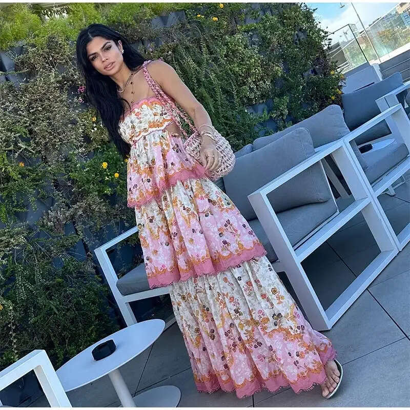 2024 Women's Dress Personalized Street Ruffle Printed Cake Sleeveless Backless Strap Skirt 8