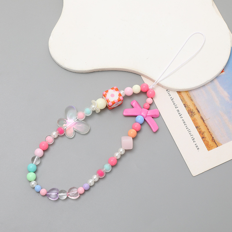 Yilian new bow DIY colorful rice bead mobile phone hanging rope short wrist strap anti loss chain