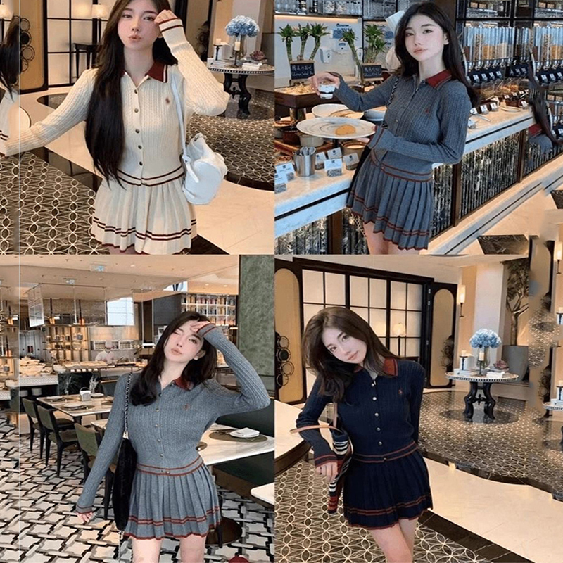 Woman Two Piece Designers Pleated Skirt Knits Suits Womens Clothing College Style Knit Polo Top Skirts Sets -8 Classic Set DPD24090513