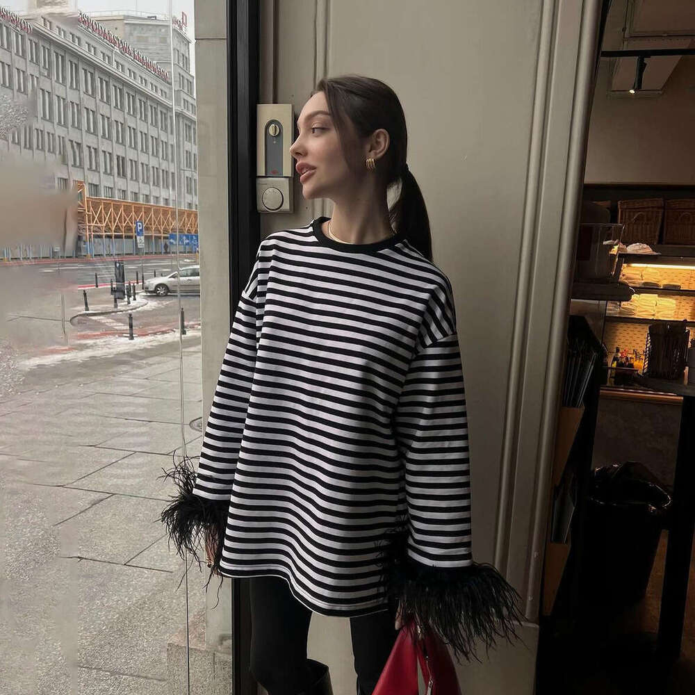 2024 new black white striped round neck sweater niche ostrich fur loose sexy pullover knitted top for autumn and winter