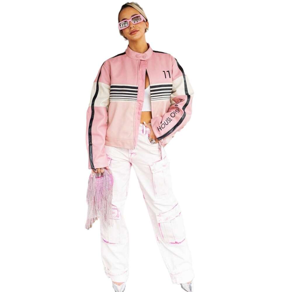 Dopamine striped contrasting patchwork leather jacket for women with a high-end motorcycle style stand up collar and printed back