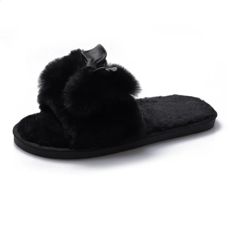 Women House Faux Fur Fashion Warm Shoes Woman Slip on Flats Female Slides Black Pink Cozy Home Furry Slippers 240828