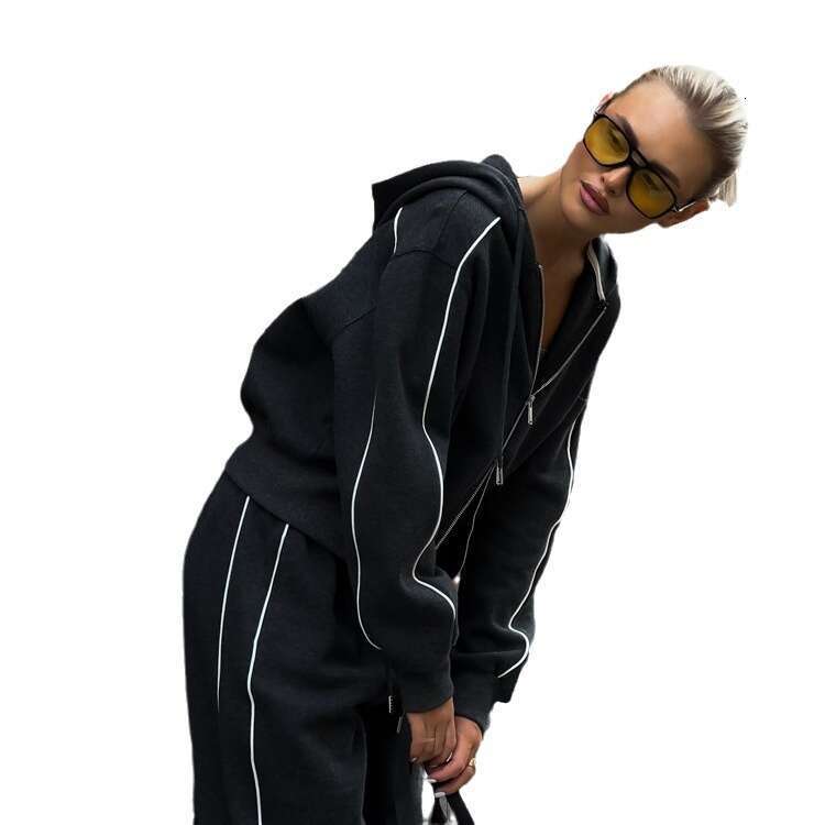 Half high neck double zipper sweatshirt sports suit fashionable street side striped contrasting two-piece set