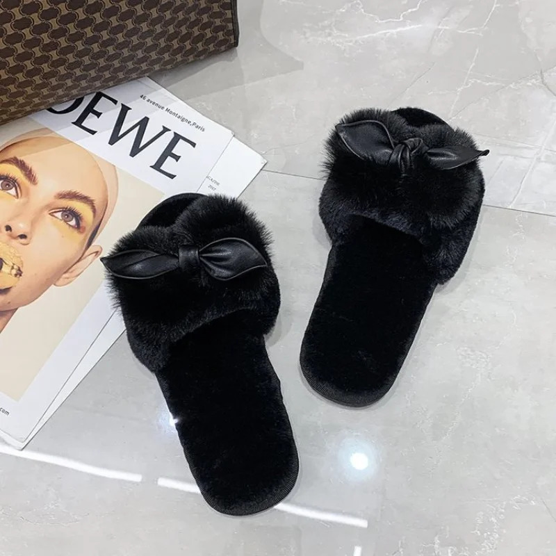 Women House Faux Fur Fashion Warm Shoes Woman Slip on Flats Female Slides Black Pink Cozy Home Furry Slippers 240828