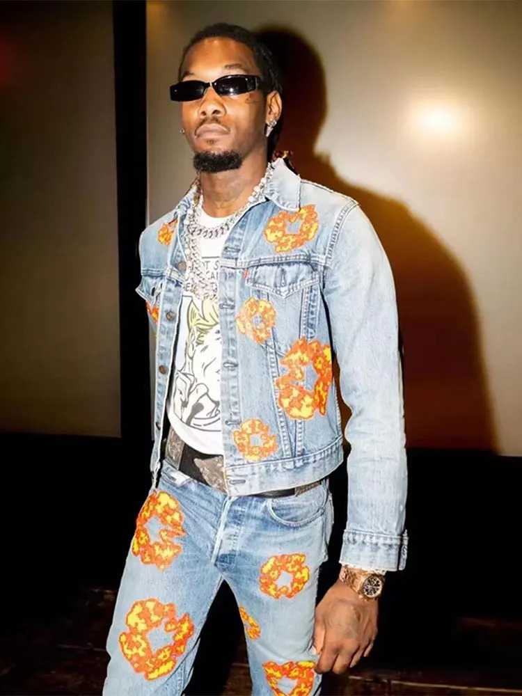 Hip Hop High Retro denim jacket pants mens printed collar button striped jeans 2piece set Trouser 240903