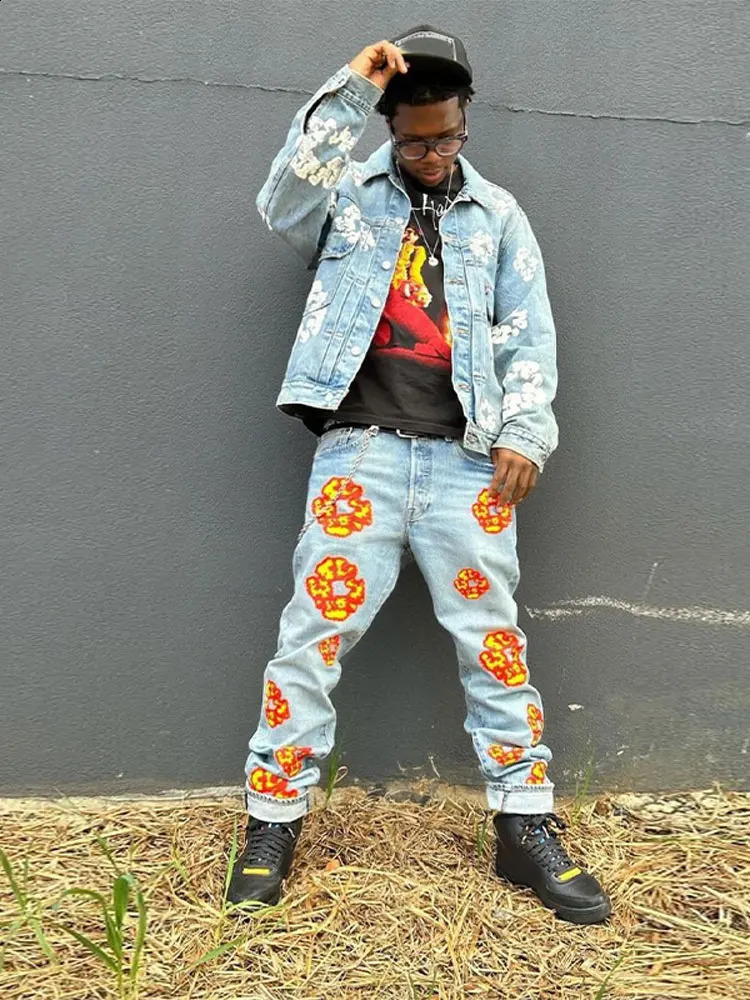 Hip Hop High Retro denim jacket pants mens printed collar button striped jeans 2piece set Trouser 240903