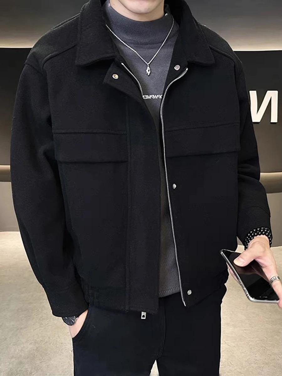 mens wool coat Korean short spring autumn solid color pattern tight zipper dress clothing E09 240904
