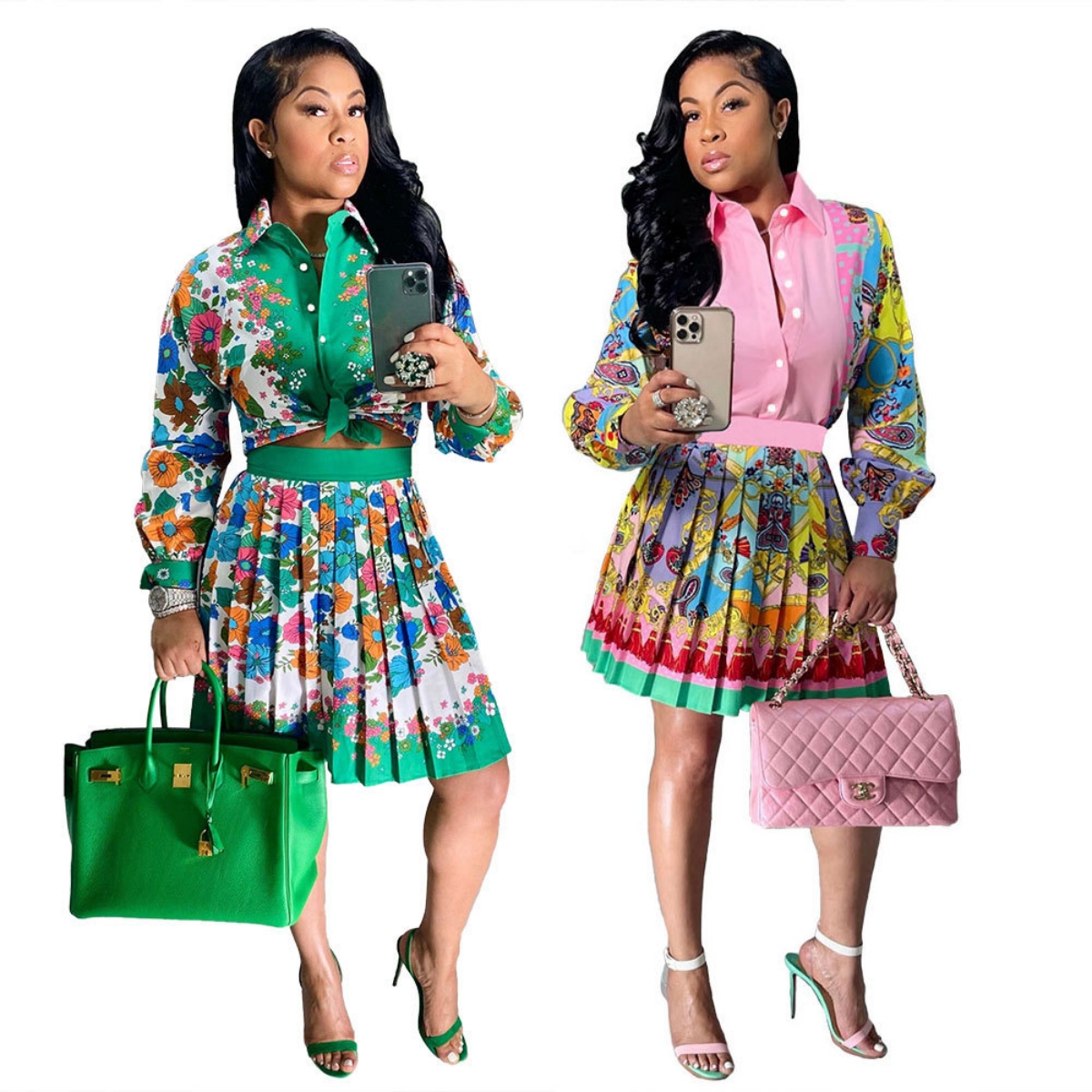 Vintage Print Two Piece Dress Outfits Women Casual Lapel Neck Shirt and Mini Skirts Set Free Ship