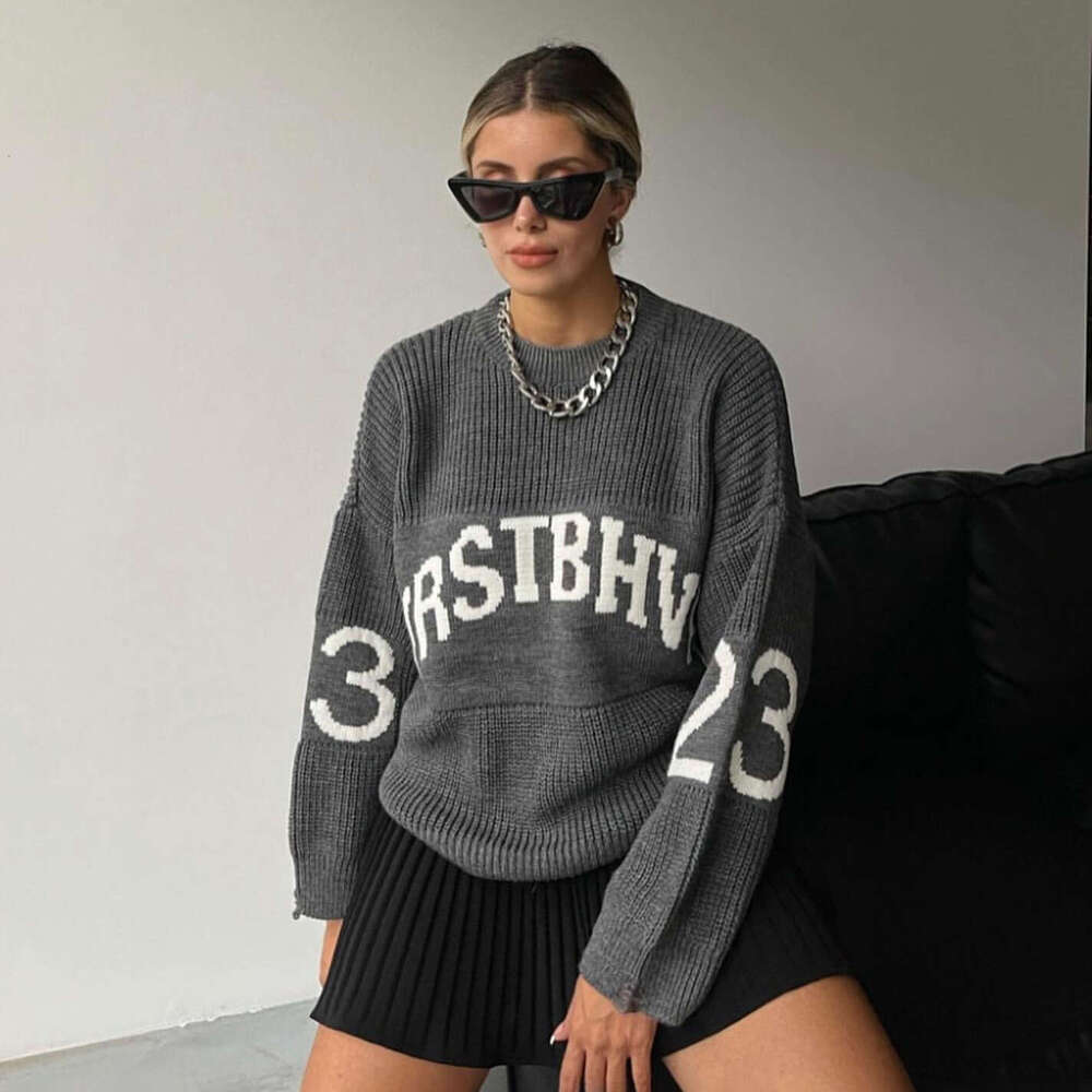 Lazy ribbed round neck loose letter women's autumn and winter new style personalized high-end pullover sweater