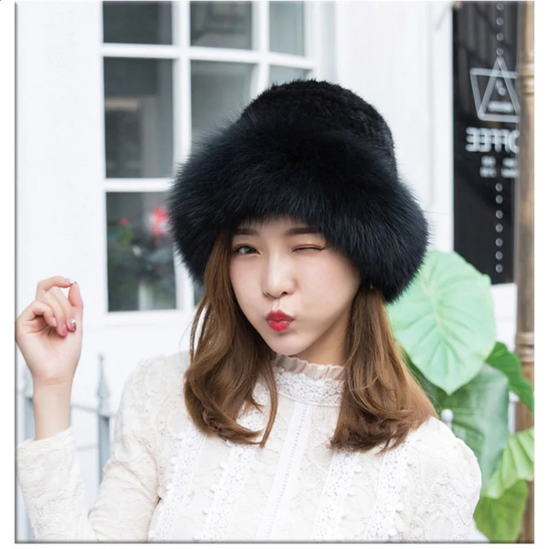 real mink woven hat pure natural fox hair fishermans hat winter warm fashion womens fox fur mink fur hat 240906