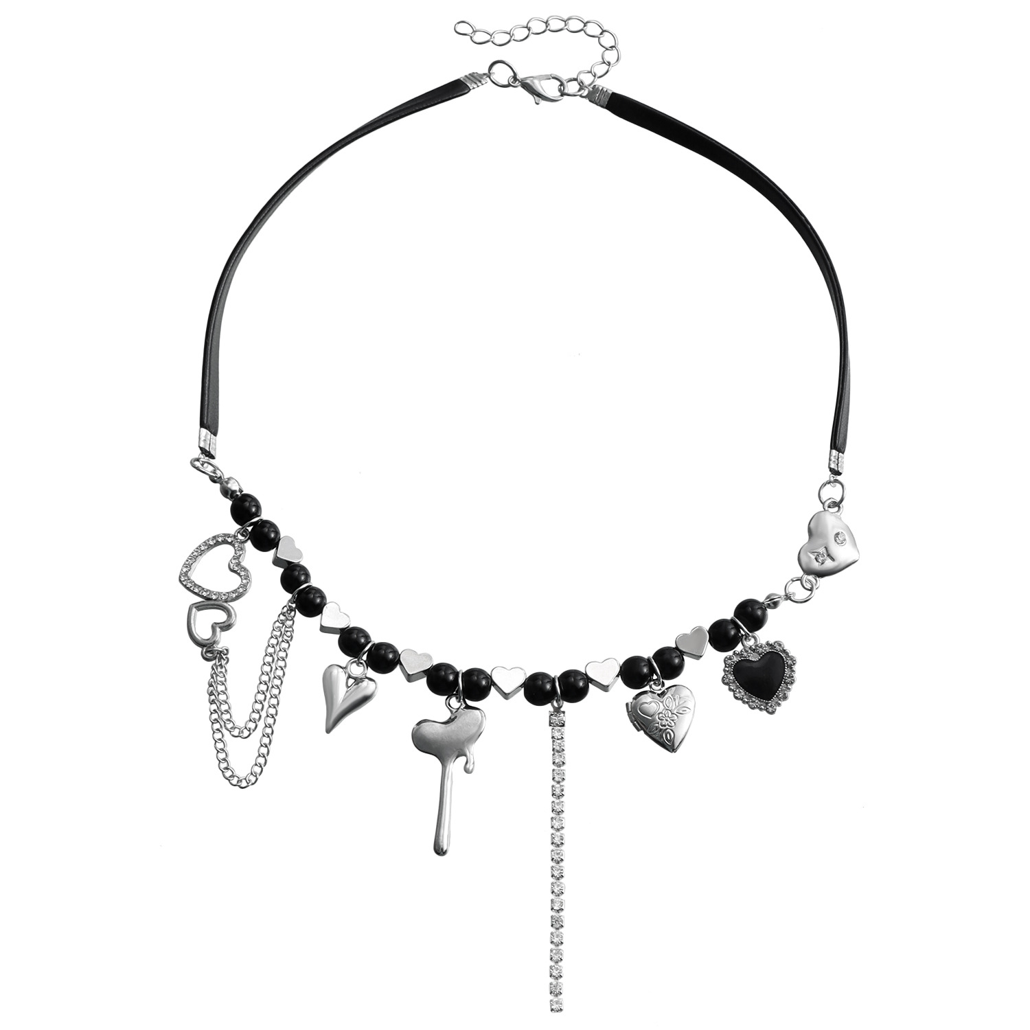 Dark Gothic PU Leather Choker Necklace Beads for Women Hippie Charm Love Tassel Chain Heart Pendant Stainless Steel Silver Color Jewelry Party Birthda