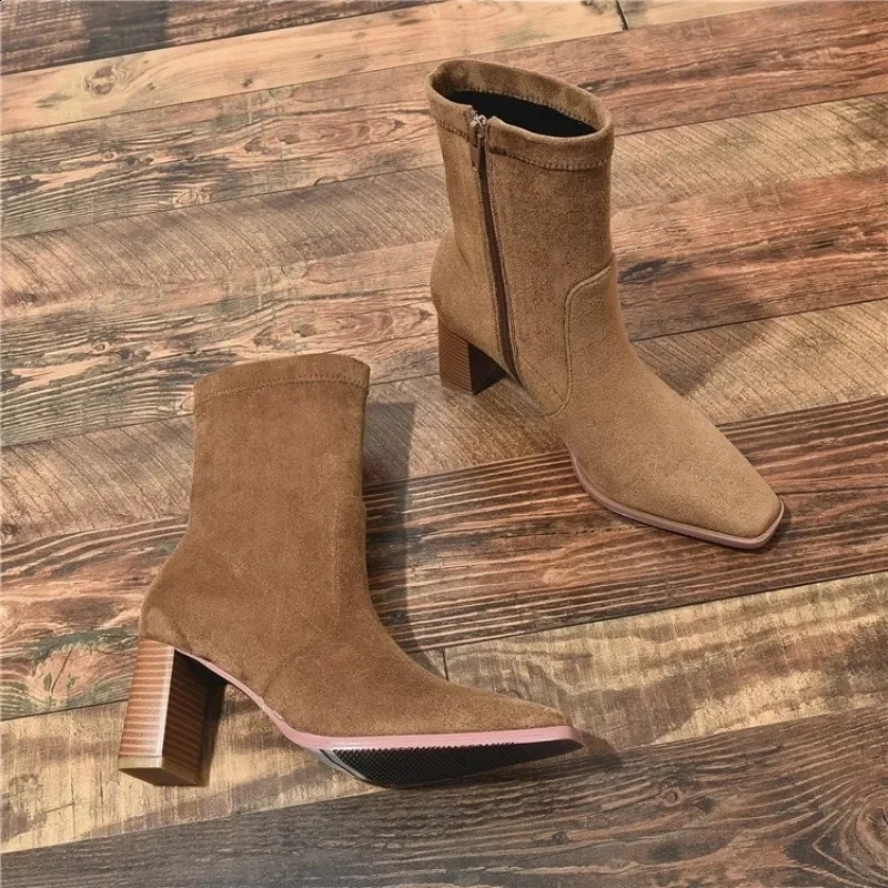 Autumn and Winter Leather Suede Mid-calf High Heel Zipper Versatile Khaki Elegant Womens Short Boots 240906 b0d6