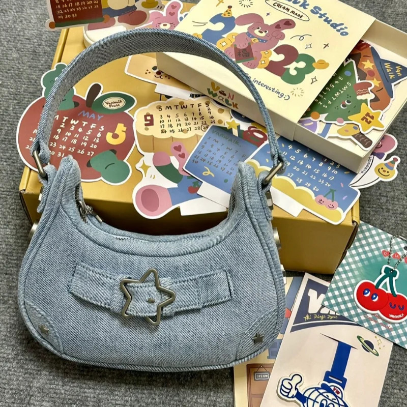 Fashion Womens Handbags Canvas Shoulder Bags Ladies Y2K Star Decor Underarm Bag Vintage Clutch Purses Casual Women Hobo 240907