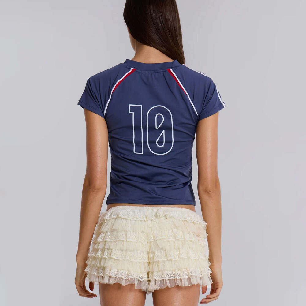 V-neck slim fit and slimming heart hot stamping 2024 summer motorcycle style striped contrasting short sleeved T-shirt for women