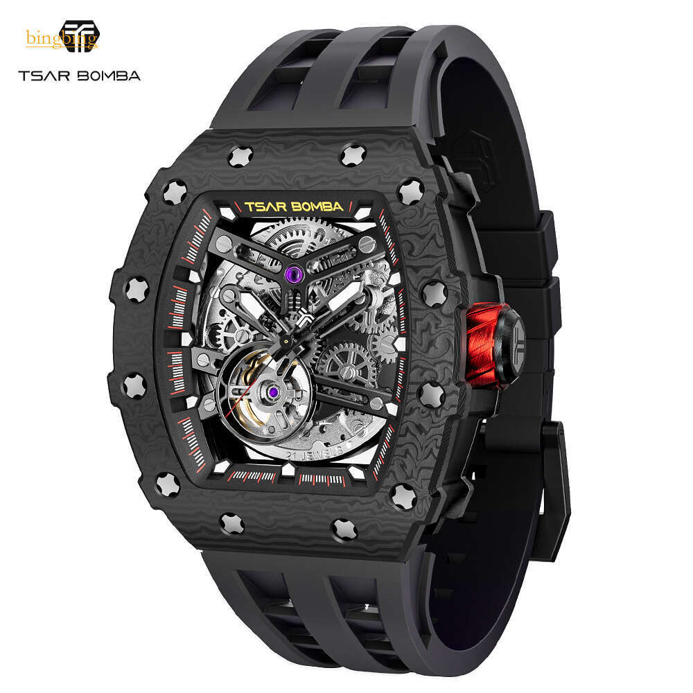 TSAR BOMBA Carbon fiber Skeleton Mens Watches nical Automatic Watch for Men