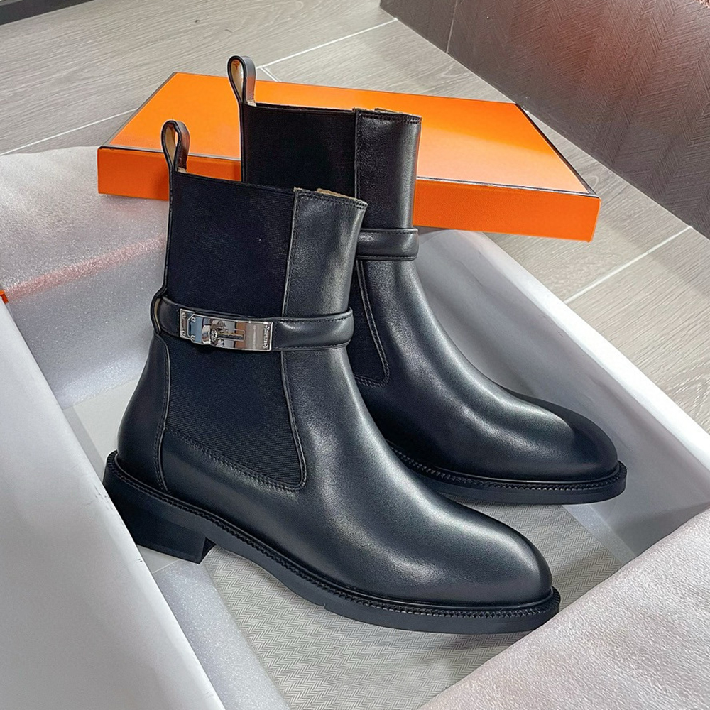 Classic Buckle Knight ankle boots fashion Flat low heel Black leather Combat Booties women's Designer ankle boot Factory footwear 35-41with box