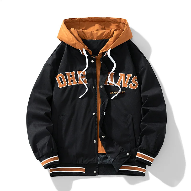 Korean Youth Mens Jacket Casual Fashion Letter Printing Buckle n Hoodie Outdoor Date Shopping Trendy Wear 240904